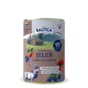 BALTICA karma mokra jeleń z owocami leśnymi 400gDoskonale zbilansowana mokra karma najwyższej klasy stworzona z myślą o właścicielach chcących dać swoim psom to, co najlepsze. Pełnowartościowe źródła białka z pysznymi dodatkami dostarczą Twojemu psu wszelkich składników. Delikatne mięso z kaczki zawarte w karmie BALTICA będąca bogatym źródłem białka z dodatkiem gruszki dostarczającej wielu cennych witamin i minerałów to nie tylko gwarancja pysznego, ale też pełnowartościowego i zdrowego posiłku dla Twojego psa. Daj swojemu psu to, co najlepsze!